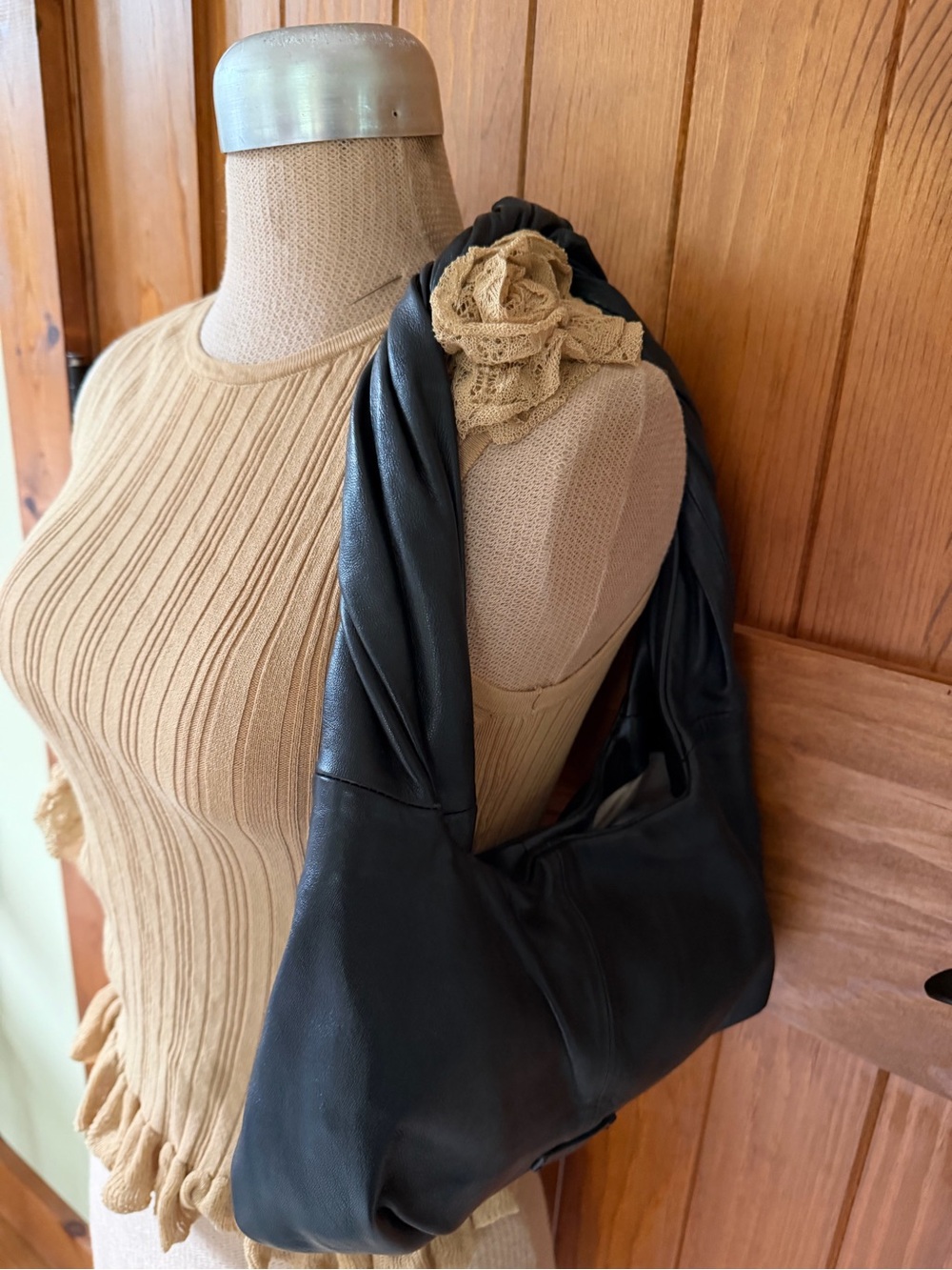 Black Leather Hobo Shoulder Bag
